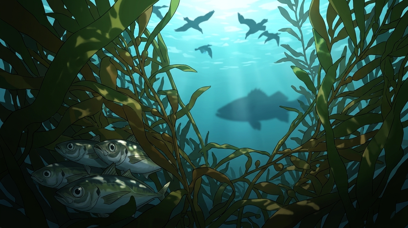 昼間の海で鳥や大型魚から身を守るためウィードの影に潜むアジの様子