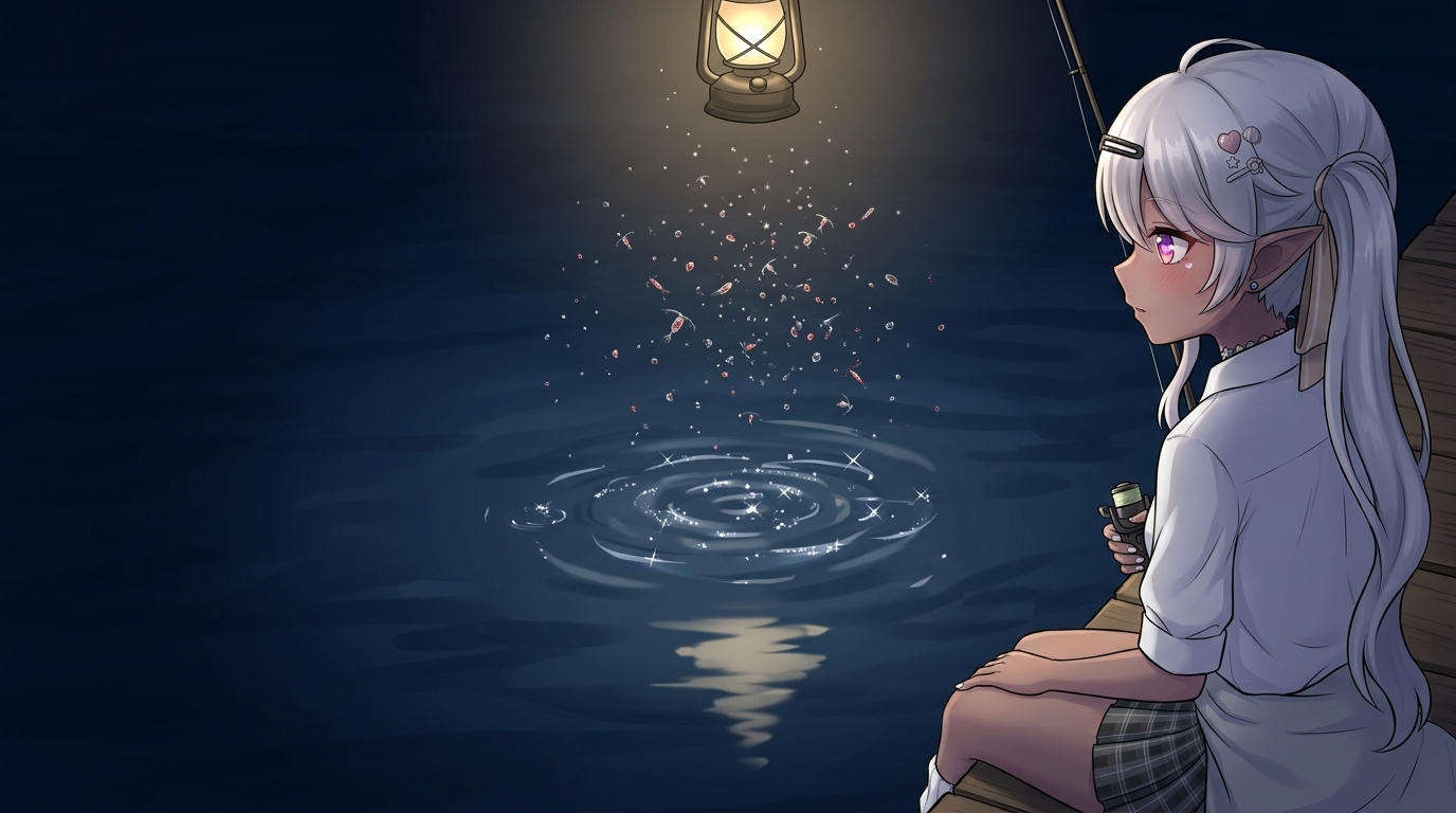 アジングのアミパターンの見極め方：常夜灯の下で、静かに水面を吸い込むような小さな波紋（ライズ）と、光に集まるプランクトンを観察する銀髪エルフ耳の女子高生。