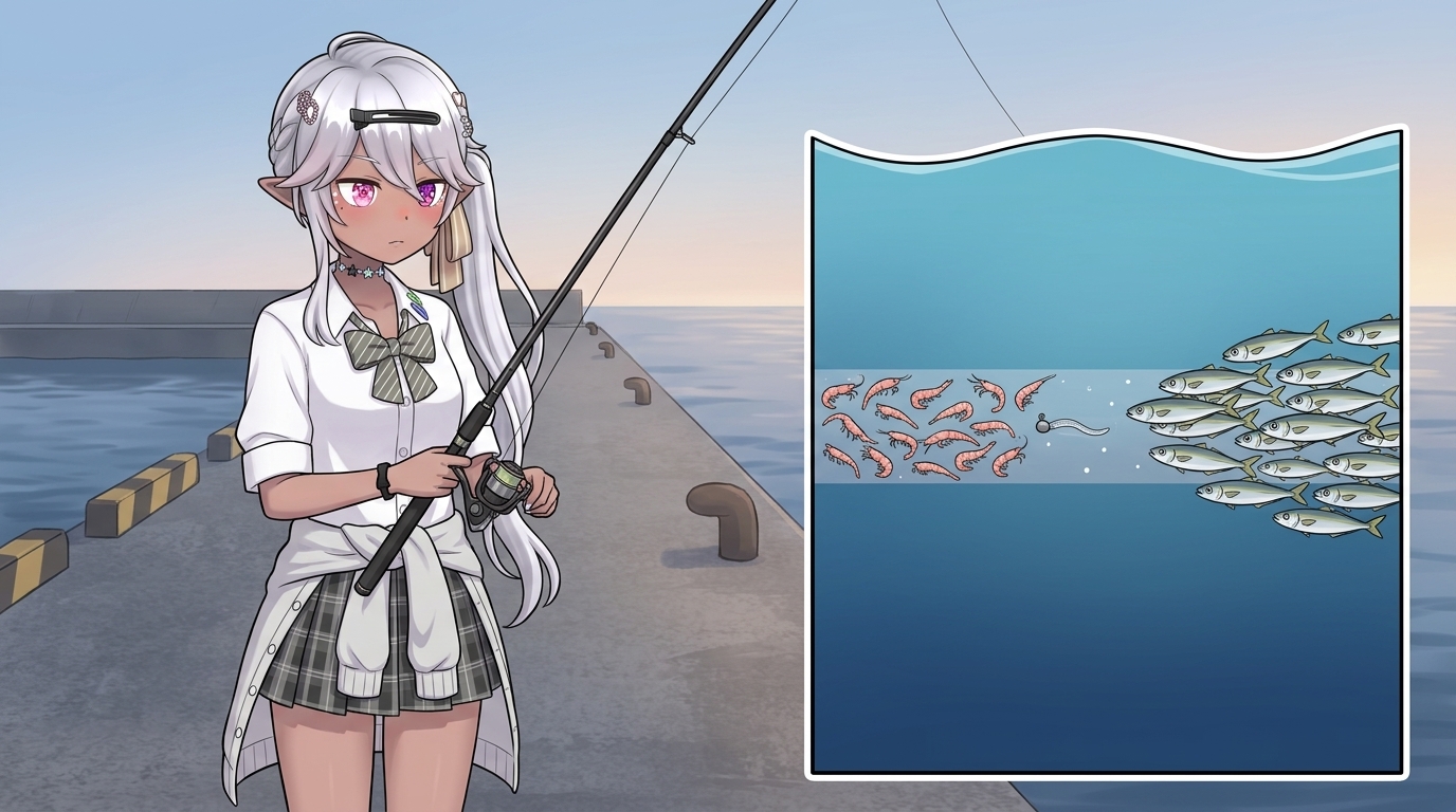 潮の流れとレンジを読み、軽量ジグヘッドをドリフトさせるアバター。