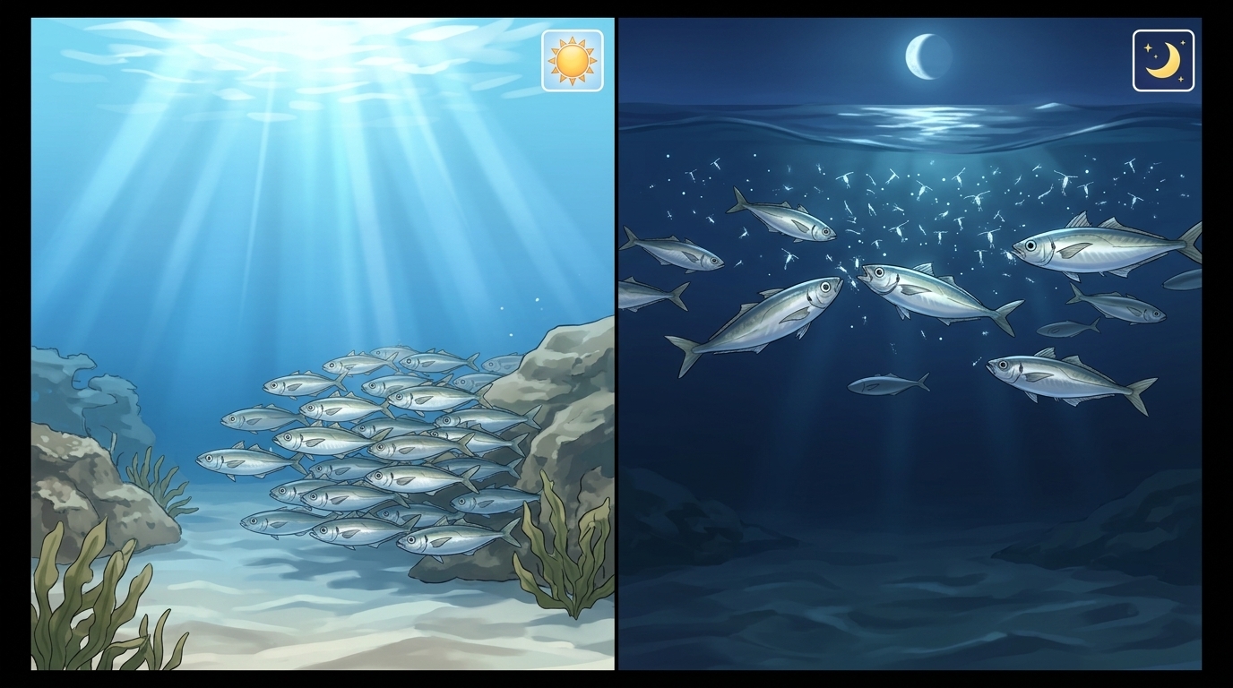 昼と夜のアジの行動パターンと生息レンジの違い（昼はボトム、夜は表層）を比較したイラスト