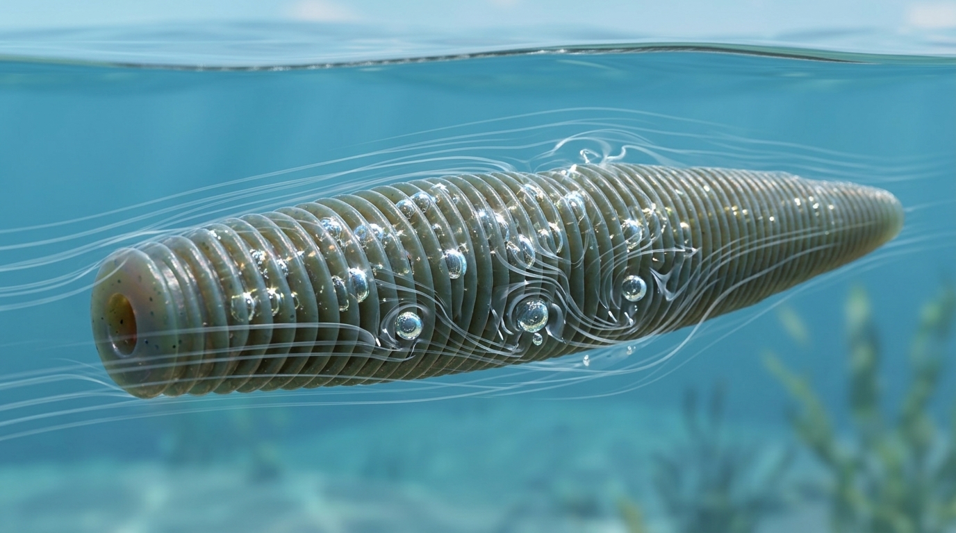 深いリブが水の抵抗を受け気泡をホールドするワームの拡大図