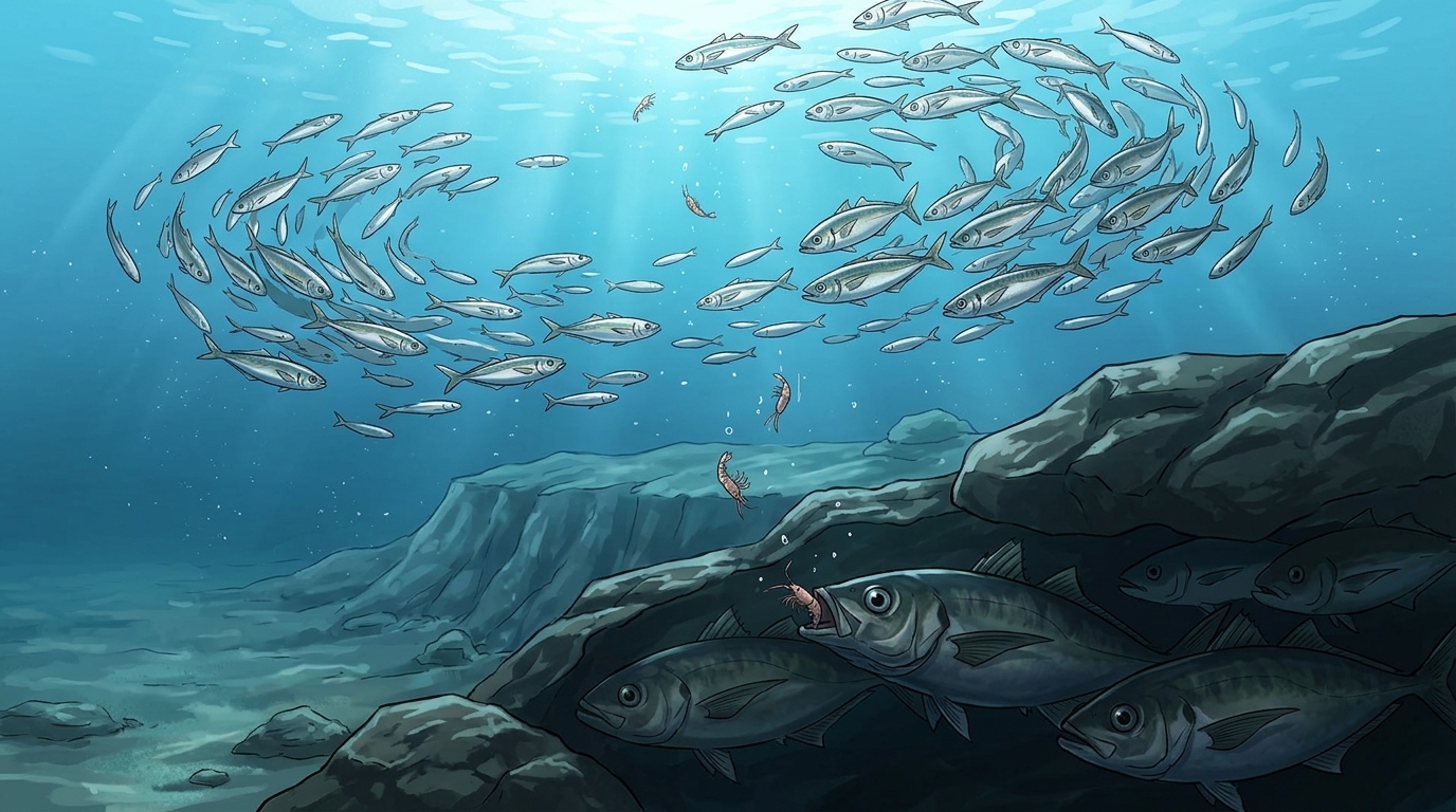 大型アジの省エネ捕食メカニズムの図解。群れの下層や地形変化に陣取り、落ちてくるエサを待つ大型個体。