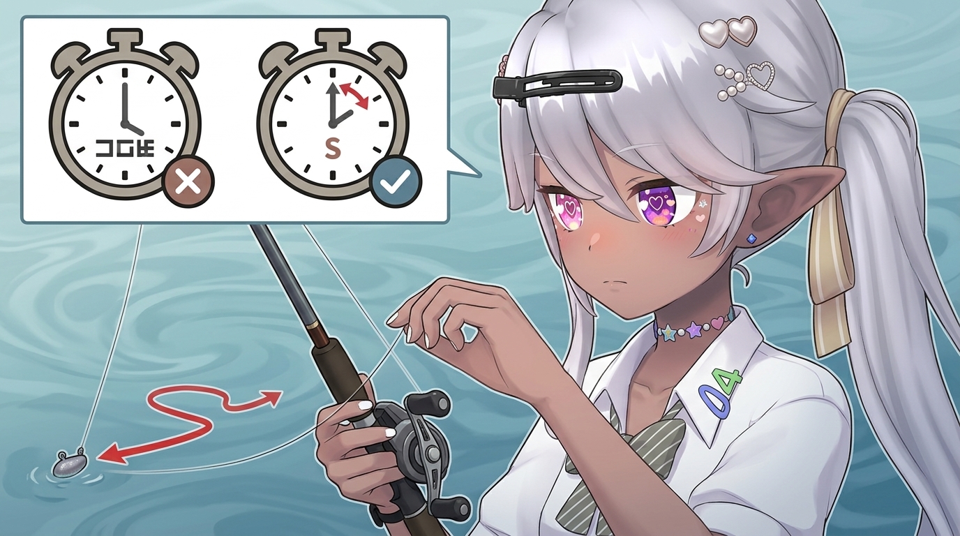 アジングにおけるさびくスピードを説明する、アニメイラスト。参照画像と同一のキャラクターが、超低速（デッドスロー）でジグヘッドを移動させる繊細な操作を集中して行っている。時計と短い移動距離を示すアイコンの比較図が挿入されている。