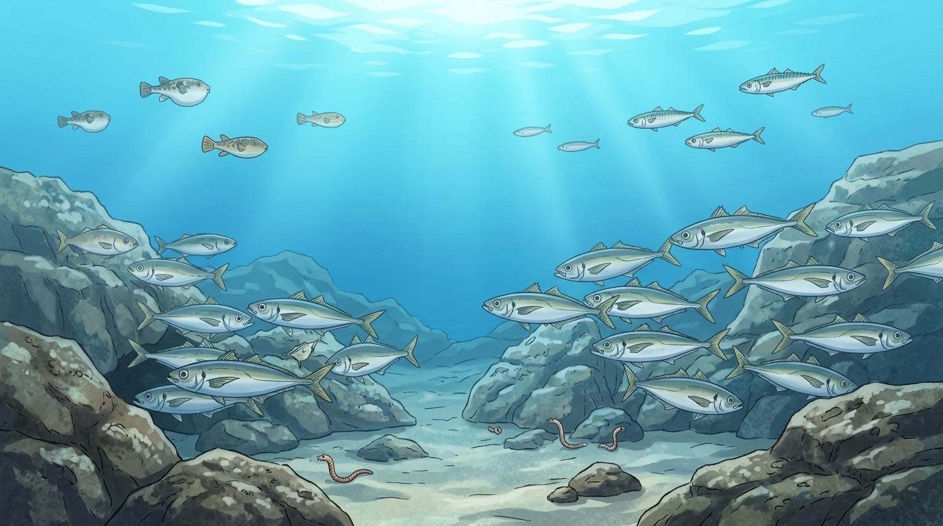 低水温期やデイゲームにおいてアジがボトムの深場やストラクチャーに潜む様子の図解