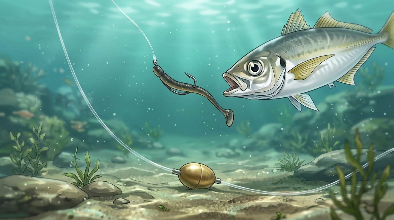 アジが違和感なくワームを吸い込む遊動式キャロライナリグの水中イメージ