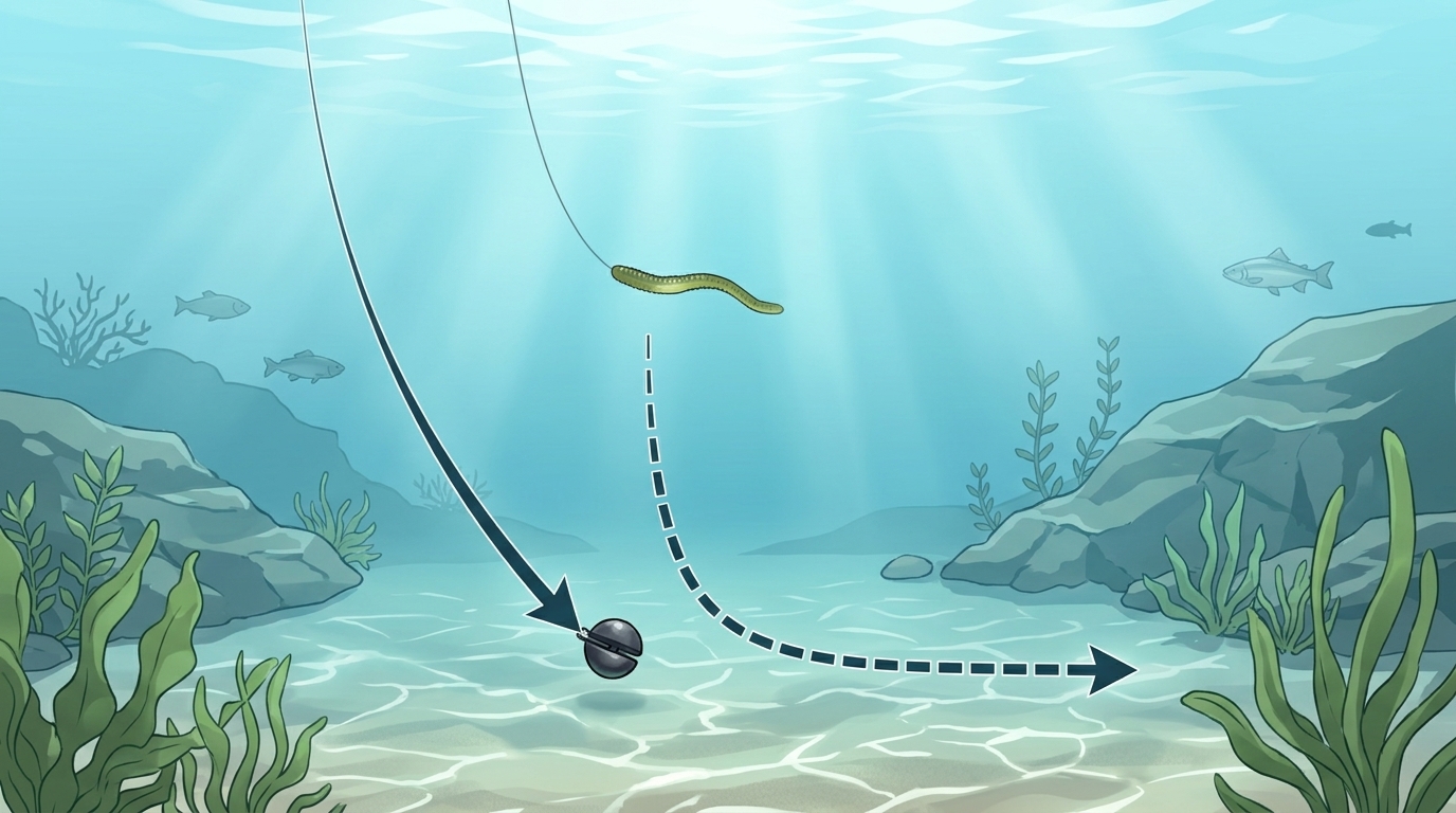 スプリットショットリグによる時間差アクション（L字フォール）と食わせの間の水中軌道図