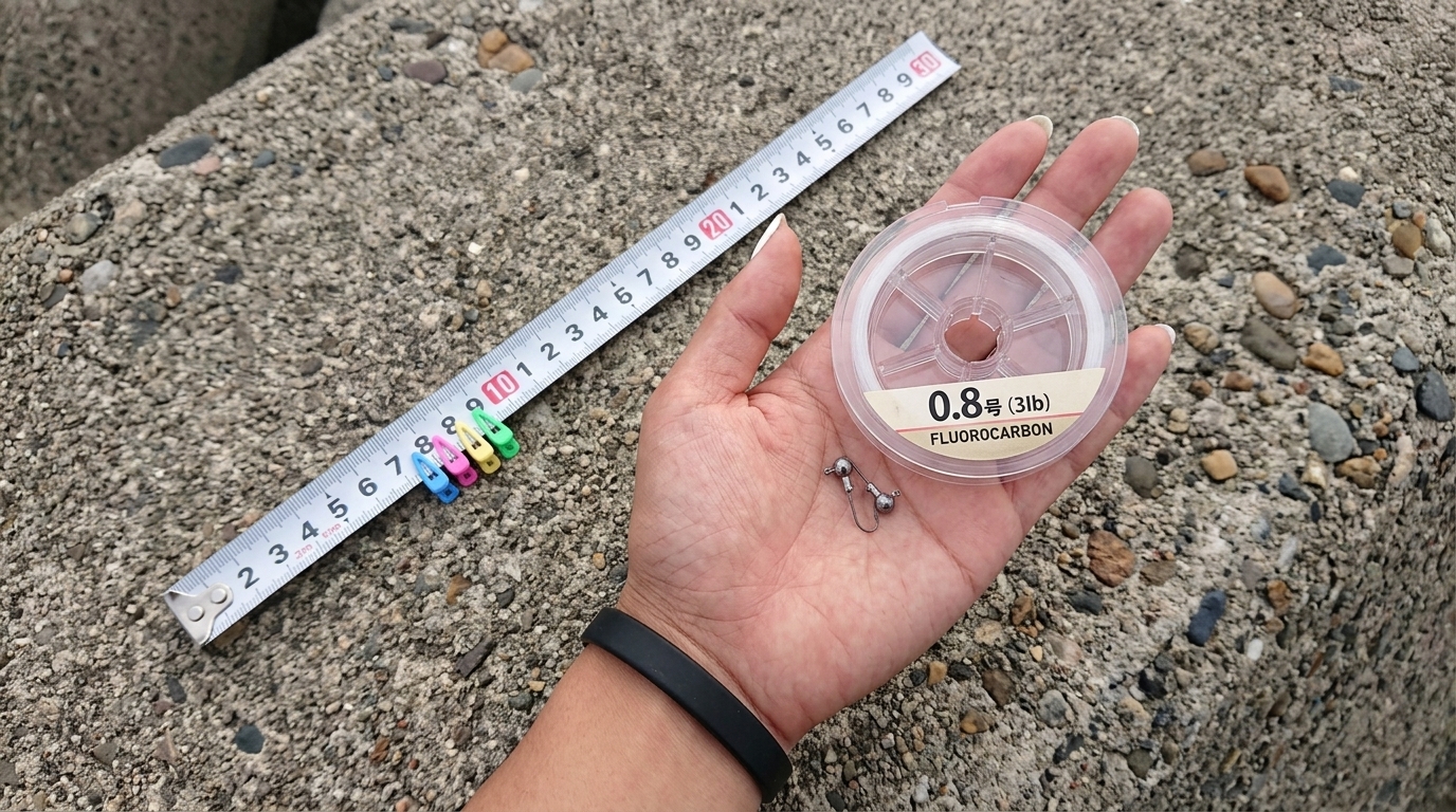 0.8号のフロロカーボンリーダーと1gのジグヘッド、メジャーを並べたアジングの基本セッティング