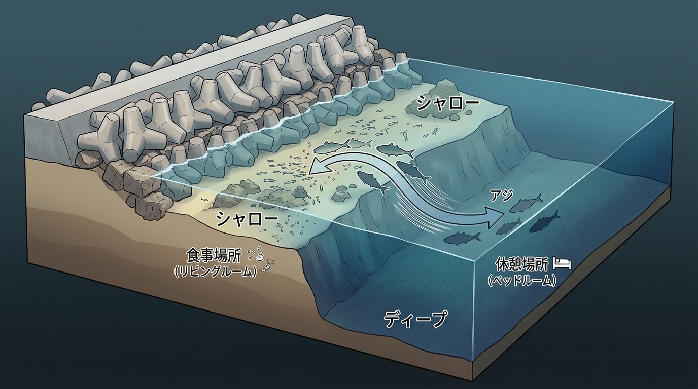 深場と浅場が隣接するブレイクラインでのアジの行動パターン図