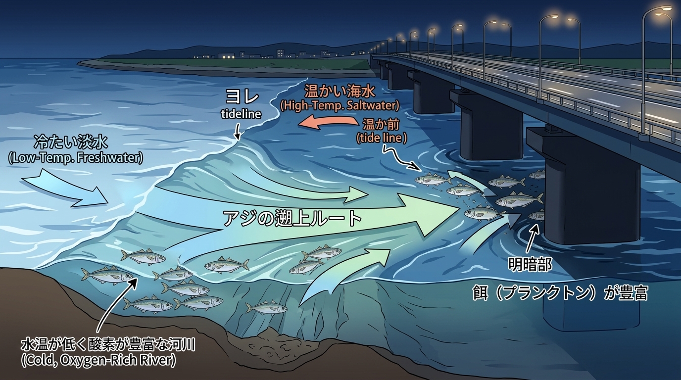 夏のアジングにおすすめの河口エリアと川からの冷たい淡水が流れ込む好ポイント