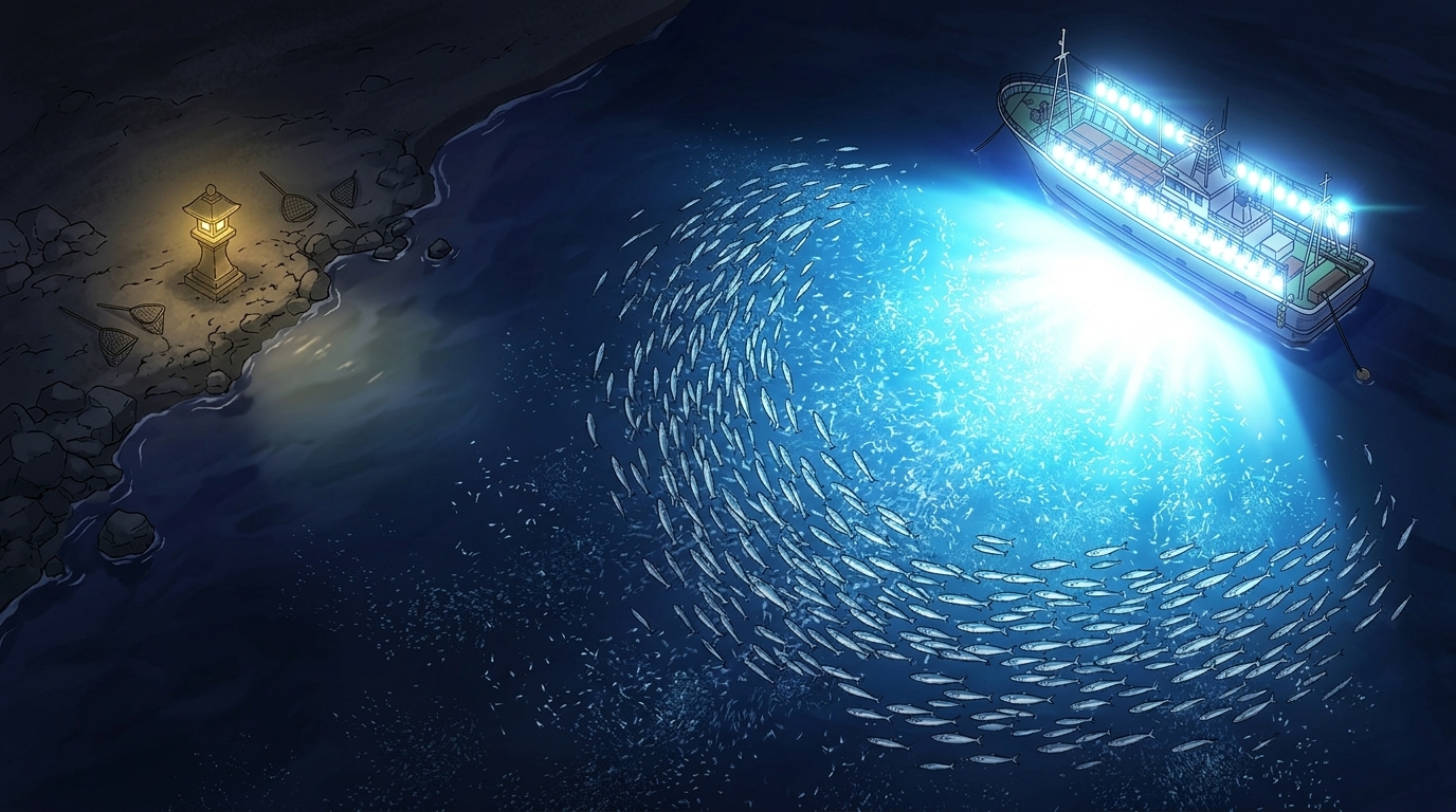 沖の集魚灯の強い光にアジの群れが移動してしまう状況の解説図