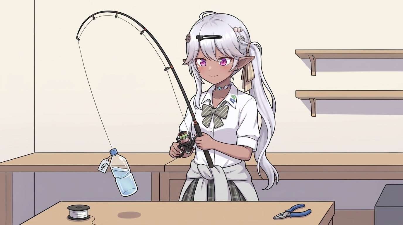 自宅のワークショップで、水を入れた500mlペットボトルを重りにしてアジングロッドのドラグ設定を調整するエルフの女子高生キャラクター。