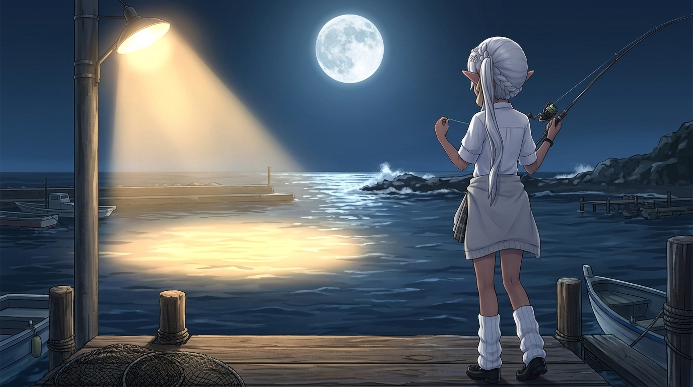 満月の夜に強力な常夜灯や潮通しの良いポイントを見極めるアングラー