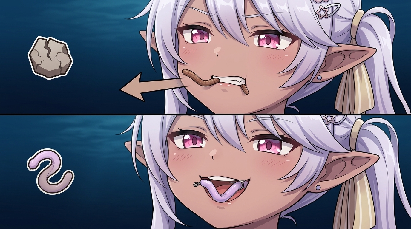 硬いワームと柔らかいワームにおける豆アジの口内での折れ曲がり方の違い