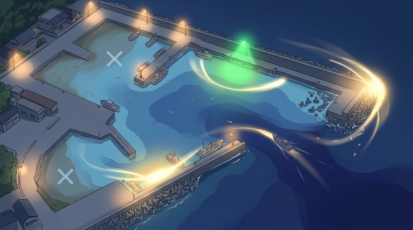 アジングでアジが好む潮通しの良い場所や常夜灯下を示す漁港のポイント解説俯瞰図