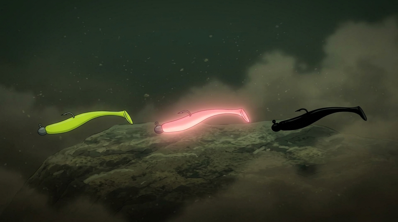 濁った水中で目立つアジング用ワームのカラー（チャート・グロー・ブラック）の比較