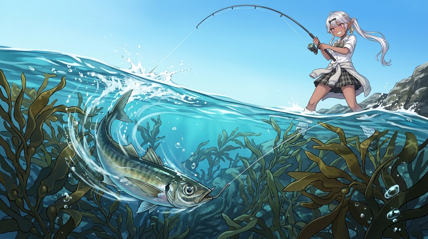 アジがウィードに潜り込む藻化けを防ぐためロッドを高く立てて強引にファイトするアングラー