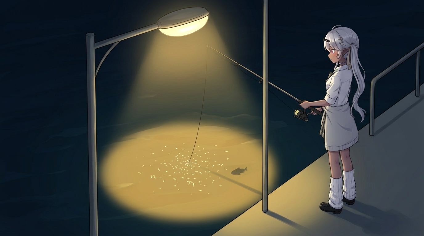 ナイトゲームにおいて常夜灯下に集まるアミを狙うアジ。