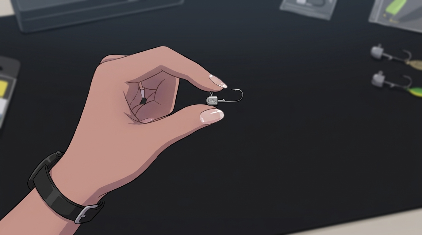 アジングのアミパターン攻略に必須の0.4g超軽量ジグヘッドと小型フック。銀髪エルフ耳の女子高生の手元で、その小ささが際立つ。