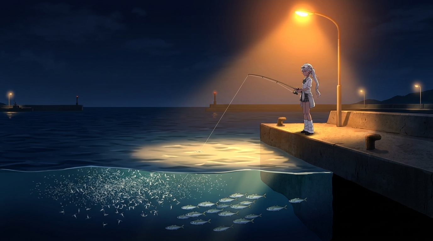常夜灯の光に集まるプランクトンとアジの様子、および海面に影を落とさない釣り人の正しい立ち位置の図解