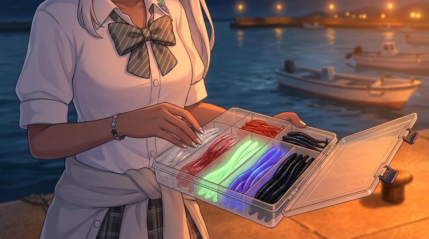 常夜灯の下でカラーローテーション用に準備された多彩なアジングワームのケース