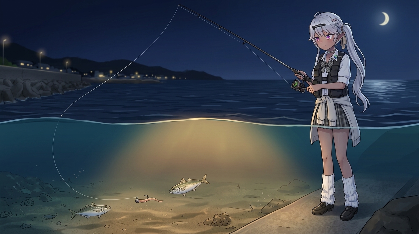 ボトムステイ中の理想的なラインテンション。ロッドを45度に構え、張らず緩めずのカーブを維持するアングラーの図解。