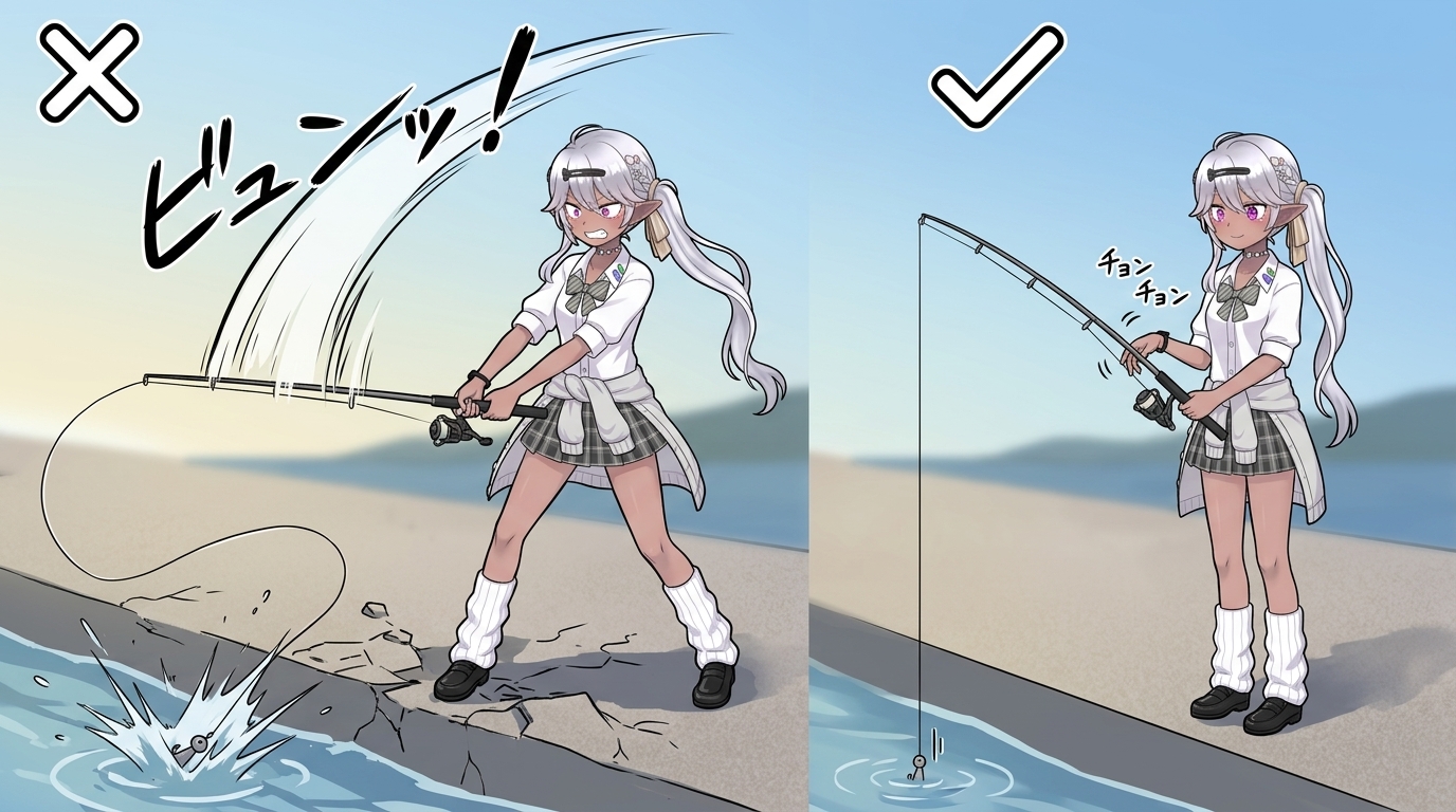 アジング初心者が陥りやすい、トゥイッチ（跳ね上げ）のアクションの誤解を説明する、アニメイラスト。参照画像と同一のキャラクターが、腕全体を使って激しく竿を振る悪い例と、手首だけを使ったコンパクトで優しい良い例を対比して行っている。