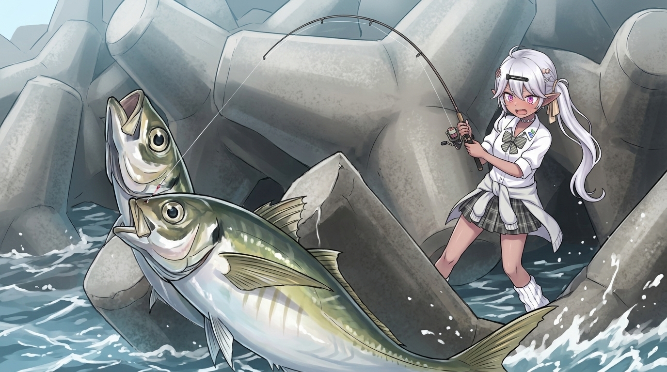 大型アジ（尺アジ）とのファイト。テトラ帯での急な突っ込みにより、直結ラインが障害物に擦れるリスクが高まる。