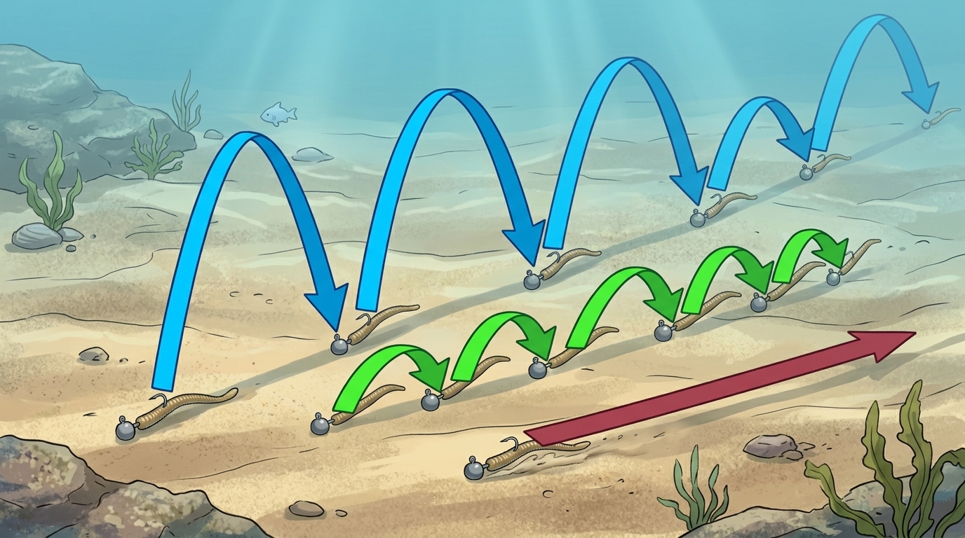 アジングのボトム攻略で有効なリフト＆フォール、ボトムバンプ、ズル引きのアクション軌道