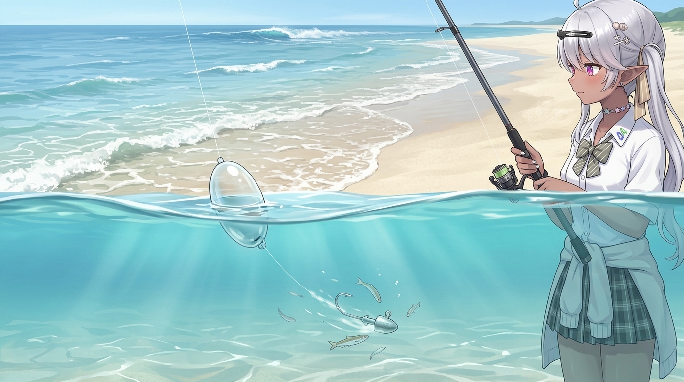 遠浅の海で表層を漂うフロートリグの半水面イメージ