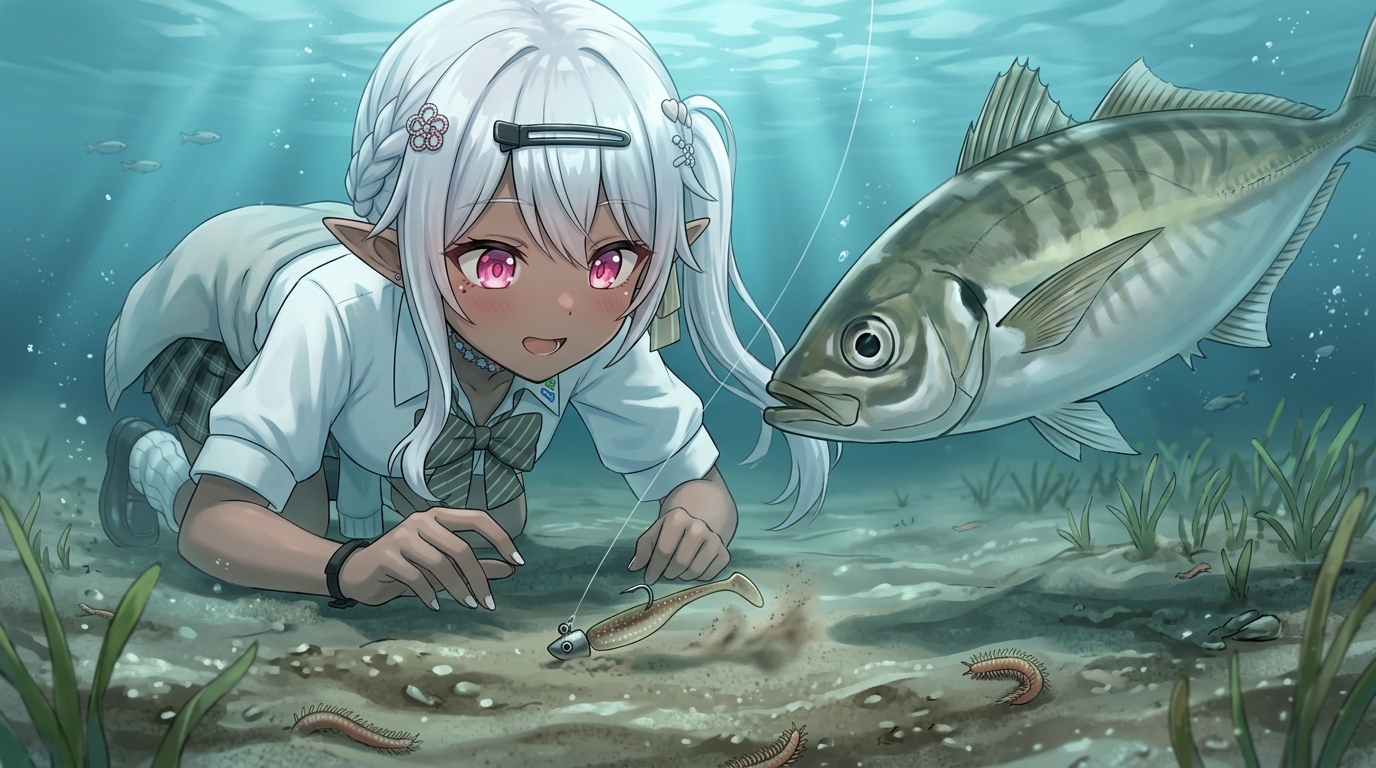 ボトムでのゼロテンステイで大型アジを狙う海中イメージ