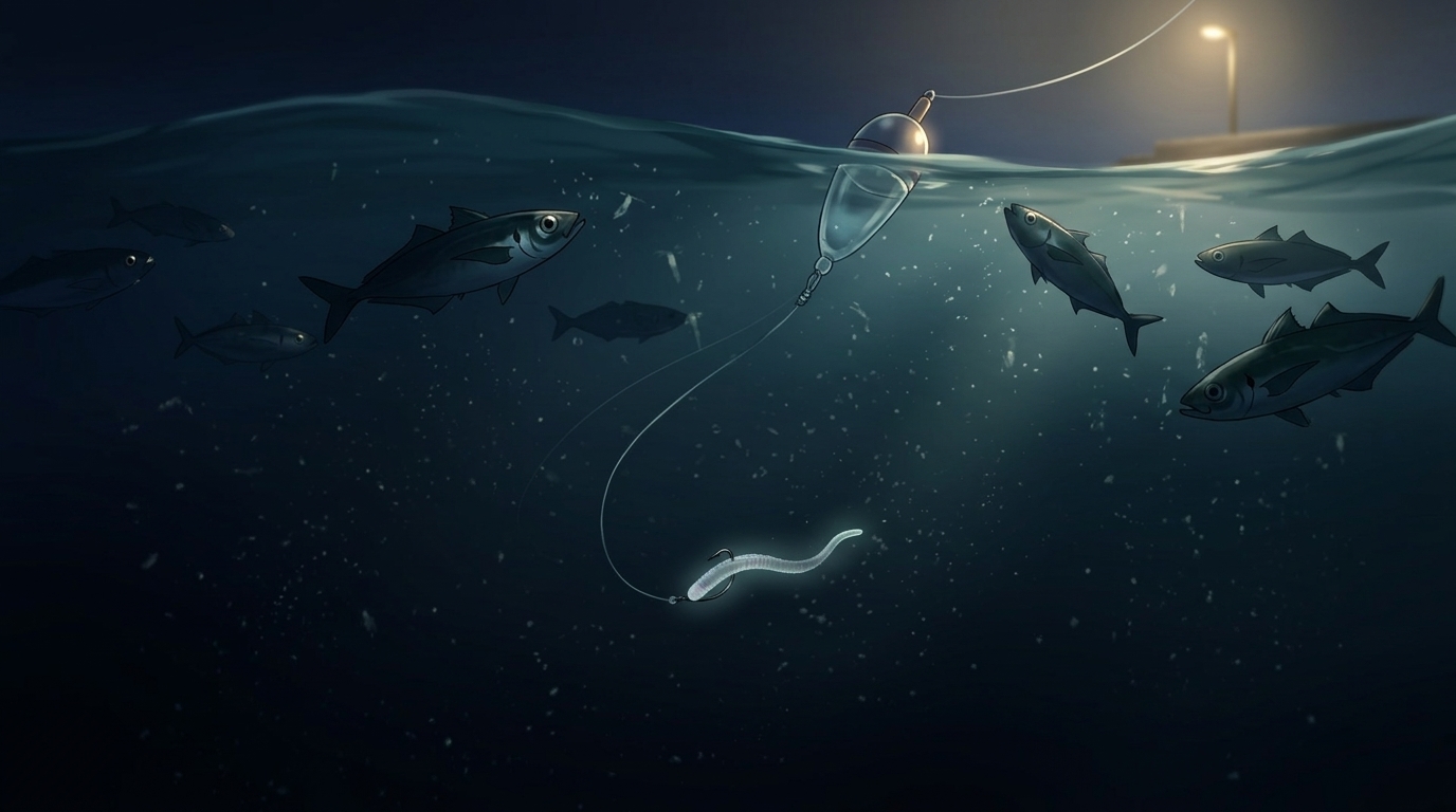 フロートリグを使用して水面直下をデッドスローで漂わせるアジングのイメージ図