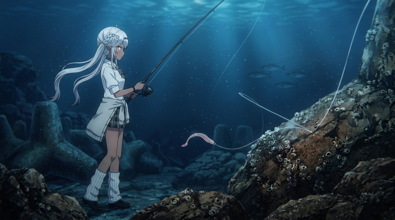 海底の岩礁帯やテトラポッドに擦れても耐えるフロロカーボンリーダーの水中イメージ