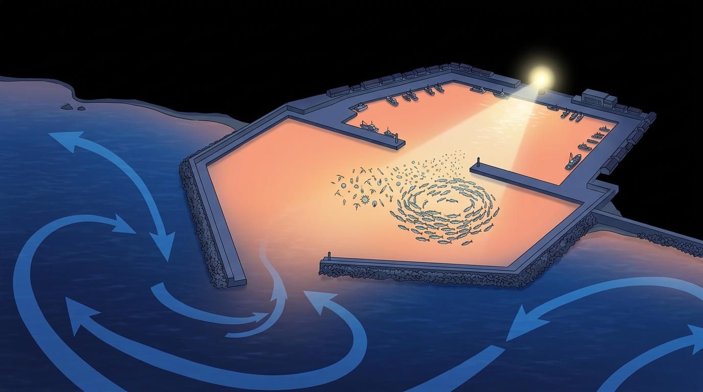 外洋の冷水と湾奥の安定した水温、常夜灯に集まるアジの図解
