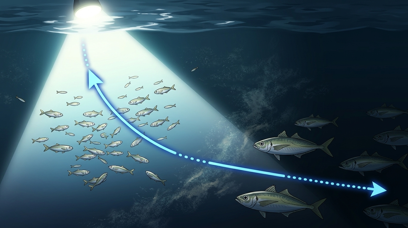 常夜灯周りのアジングで良型アジが潜む明暗の境目とトレースコースの図解