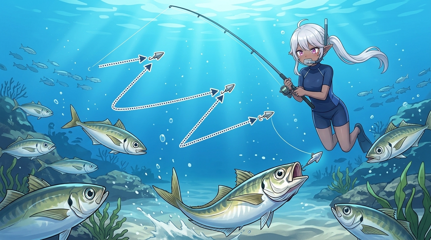 昼間のアジにリアクションバイトを誘発するダート釣法のジグザグアクション図解