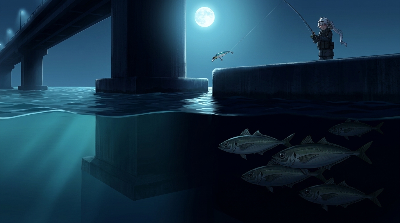 満月の光が作る橋脚の濃い影（シェード）と境界線に潜むアジ