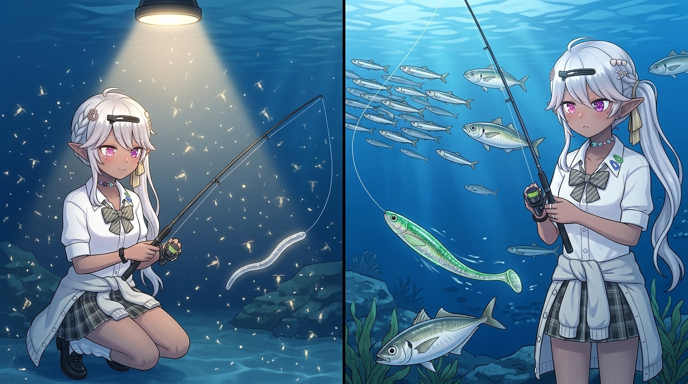 アジングのプランクトンパターンとベイトフィッシュパターンの海中比較図