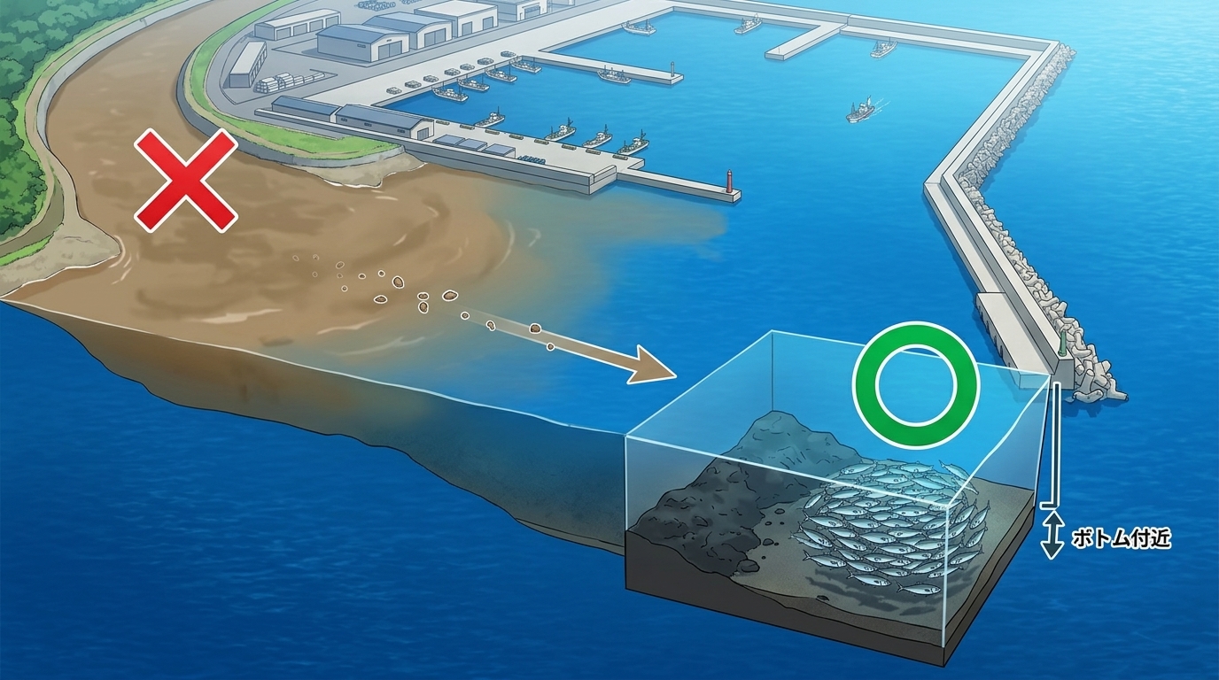 雨の日に水潮を避けてアジングで狙うべき外洋ポイントとレンジの図解