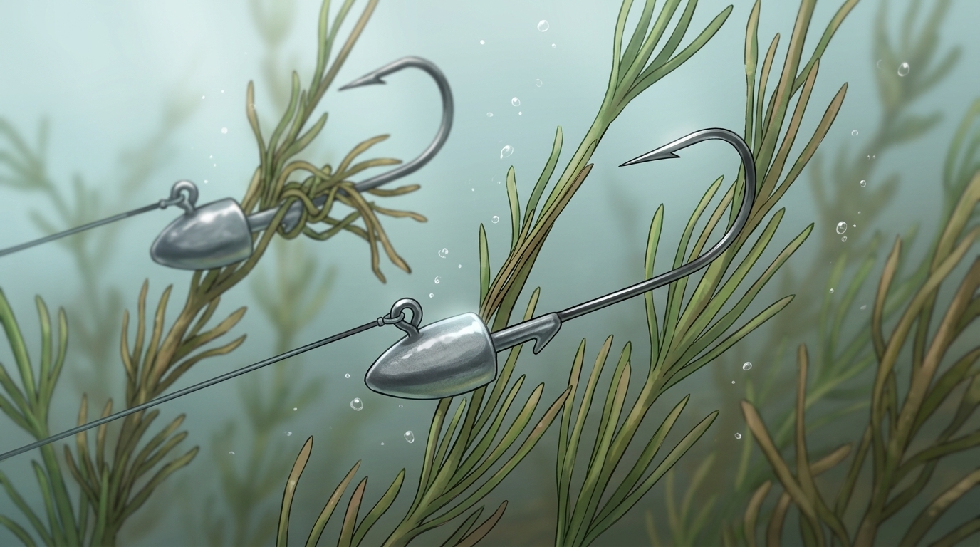 ウィードをスムーズにすり抜ける流線型ジグヘッドとストレートフックのクローズアップ