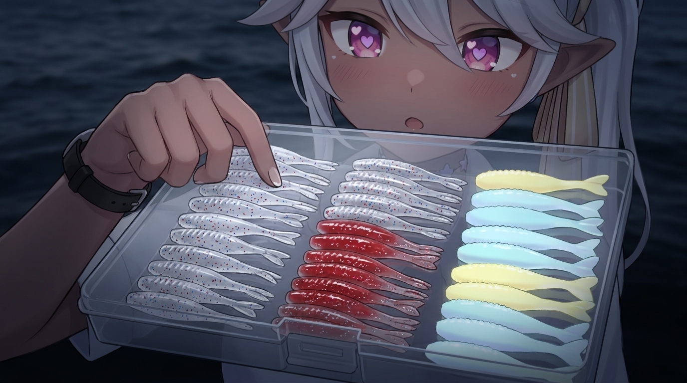 アジングのアミパターンに適した1.5インチ以下の極小ワーム。クリア系、赤ラメ、ケイムラなど、状況に合わせて選ぶカラーローテーション。