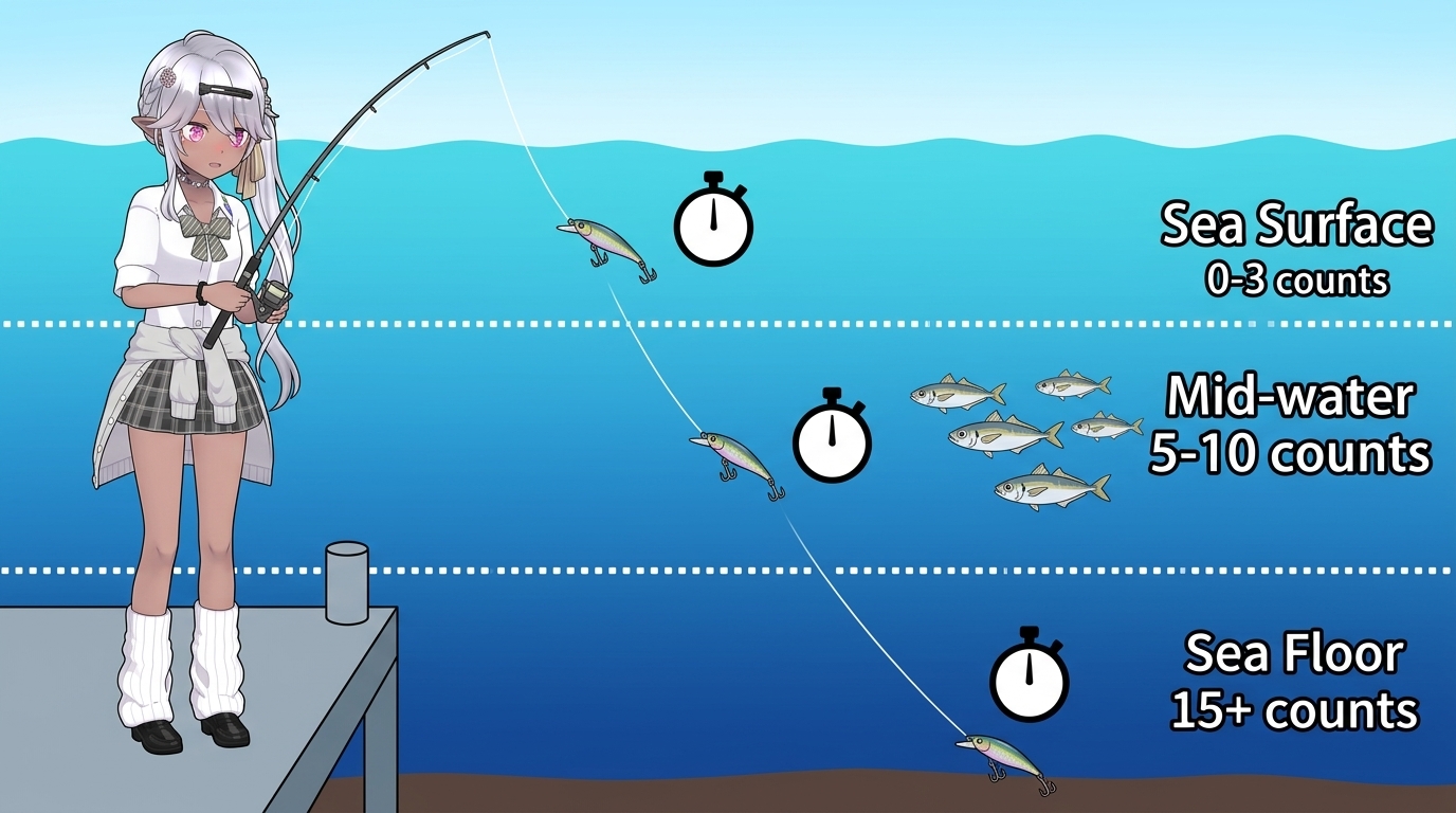 カウントダウンを用いて表層・中層・ボトムとアジの生息レンジを立体的に探る方法のステップ図