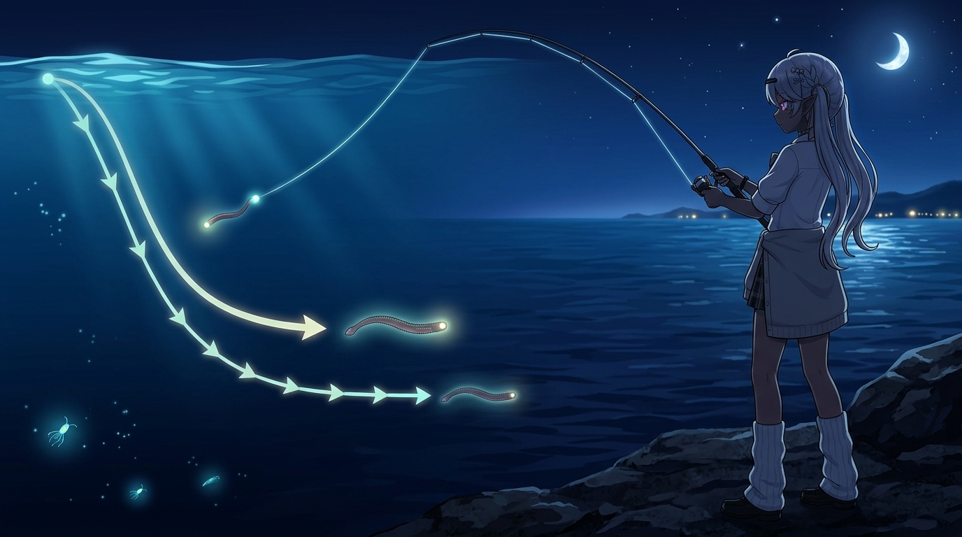 ラインテンションを保ちカーブフォールでワームを漂わせるアクションの軌跡図