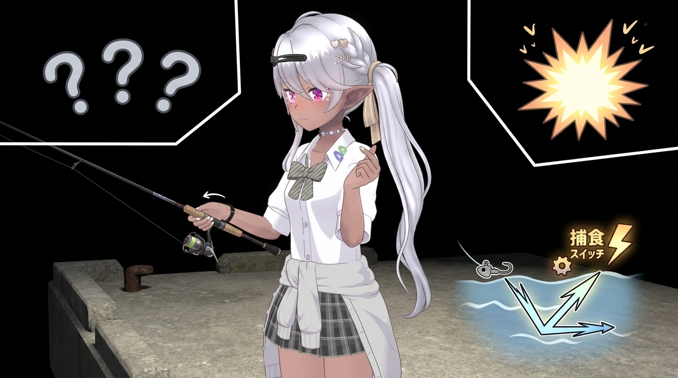 アジングにおける捕食スイッチを入れるリアクションバイトを説明する、アニメイラスト。参照画像と同一のキャラクターが、軌道変化（L字のフォールからさびきへ）をさせた瞬間に、スレたアジが反射的に口を使う様子を描いている。