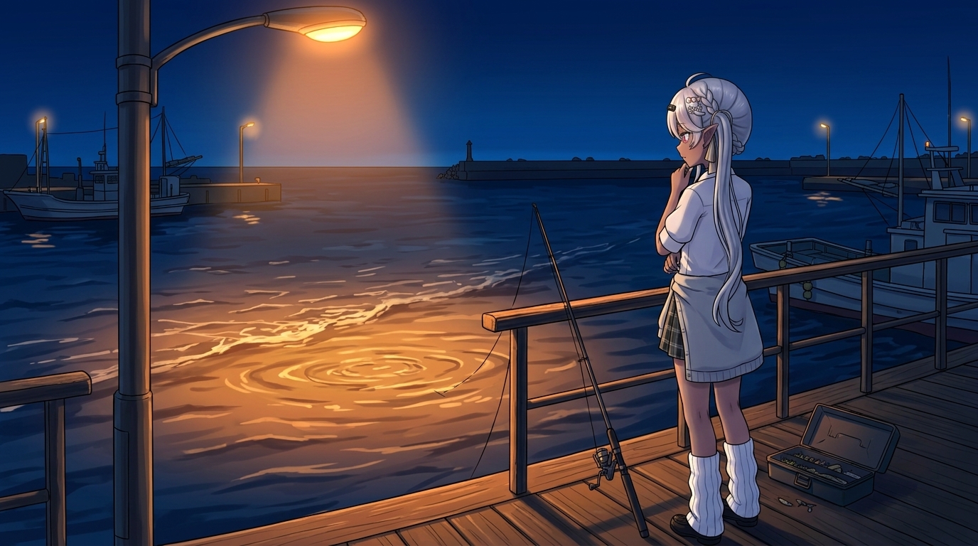 常夜灯の下で海面の状況を観察しリグを選択するアングラー
