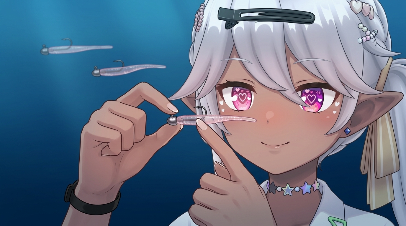 ノーシンカーリグにおけるワームの真っ直ぐな刺し方と水平姿勢の確認図