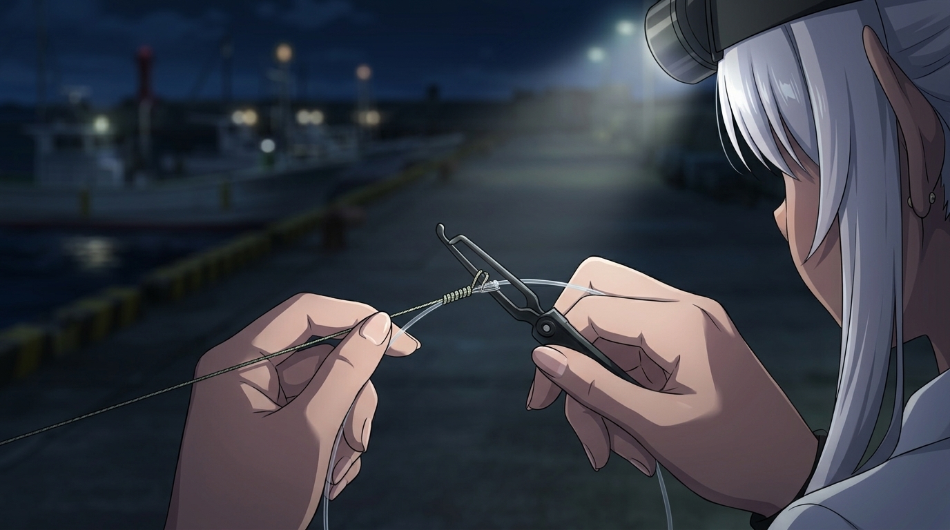 夜の釣り場でノットアシストツールを使用してPEラインとリーダーの摩擦系ノット（FGノット）を組む手元