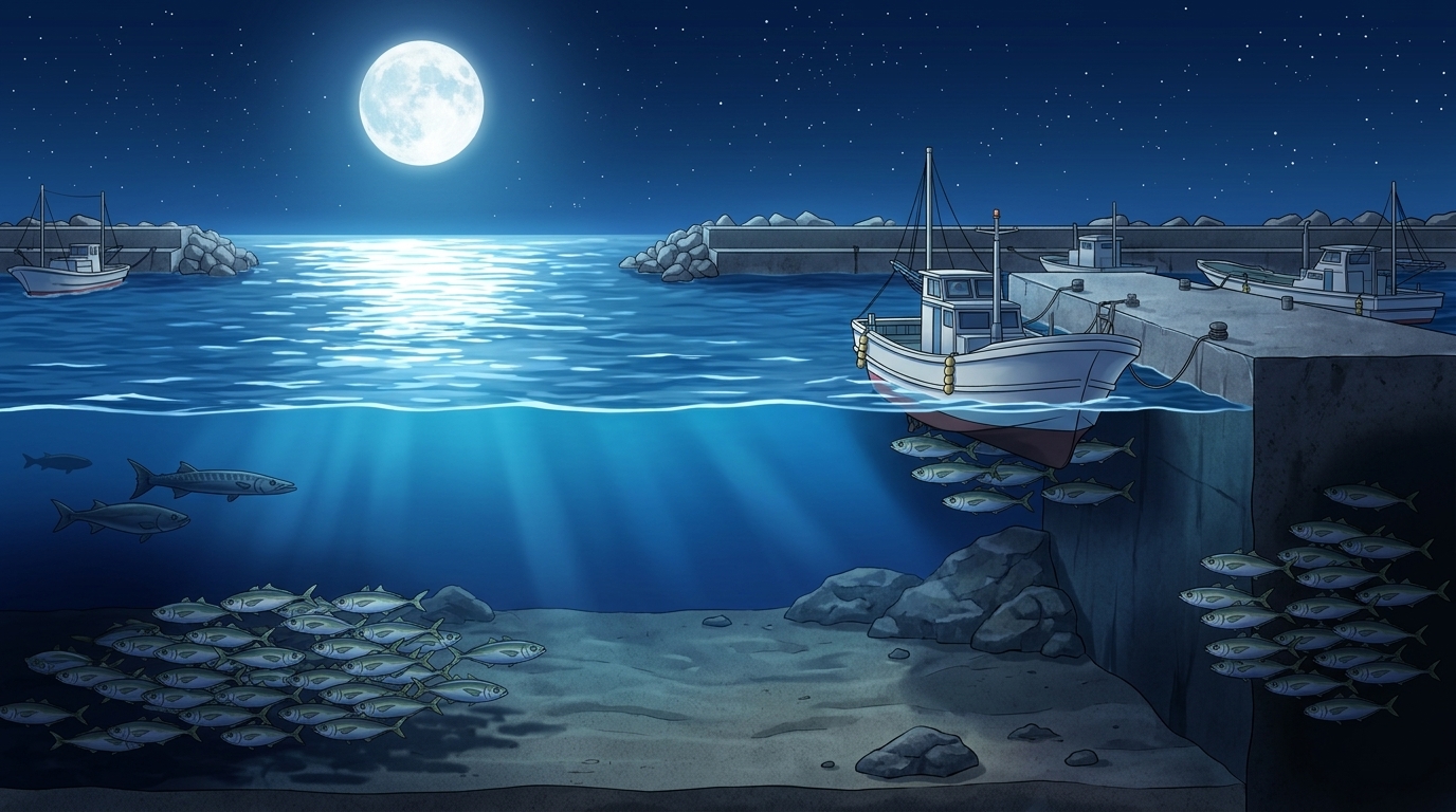 月夜のアジングでアジが身を隠すシェード（影）とディープ（深場）のポイント図