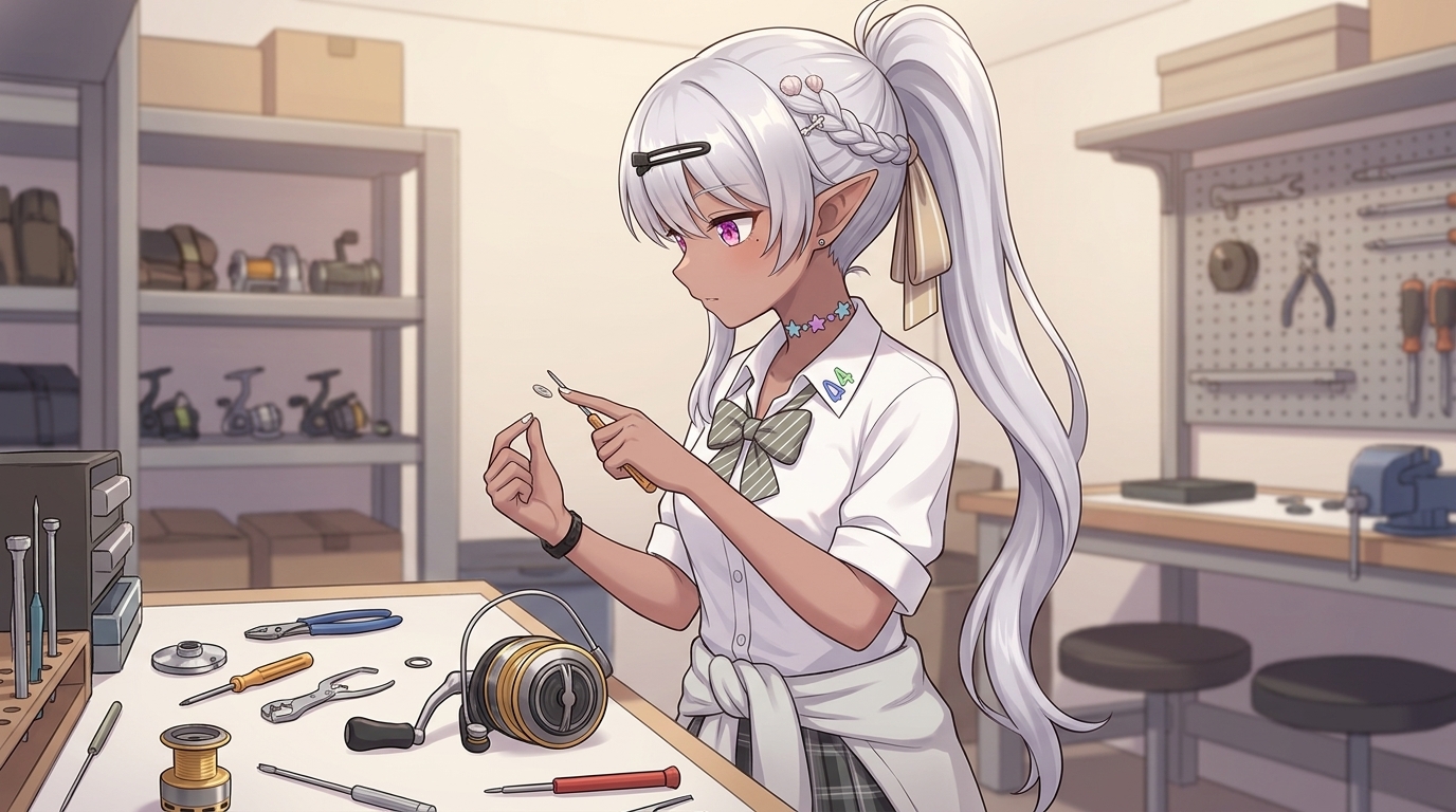 ワークショップでスピニングリールのスプールを分解し、小満屋ドラグ（カスタムドラグワッシャー）に交換する作業を行うエルフの女子高生キャラクター。