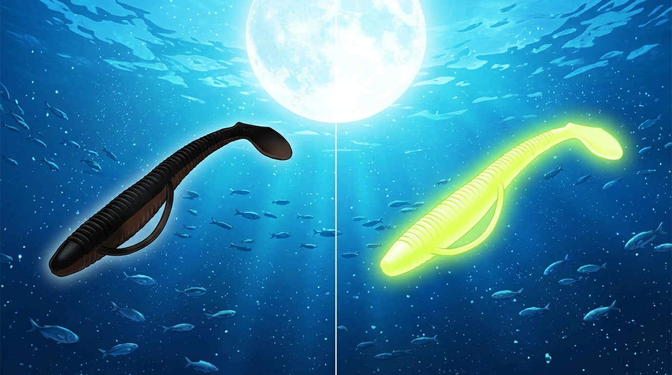 満月の夜に有効なマット系ワームのシルエットとグロー系ワームの発光比較
