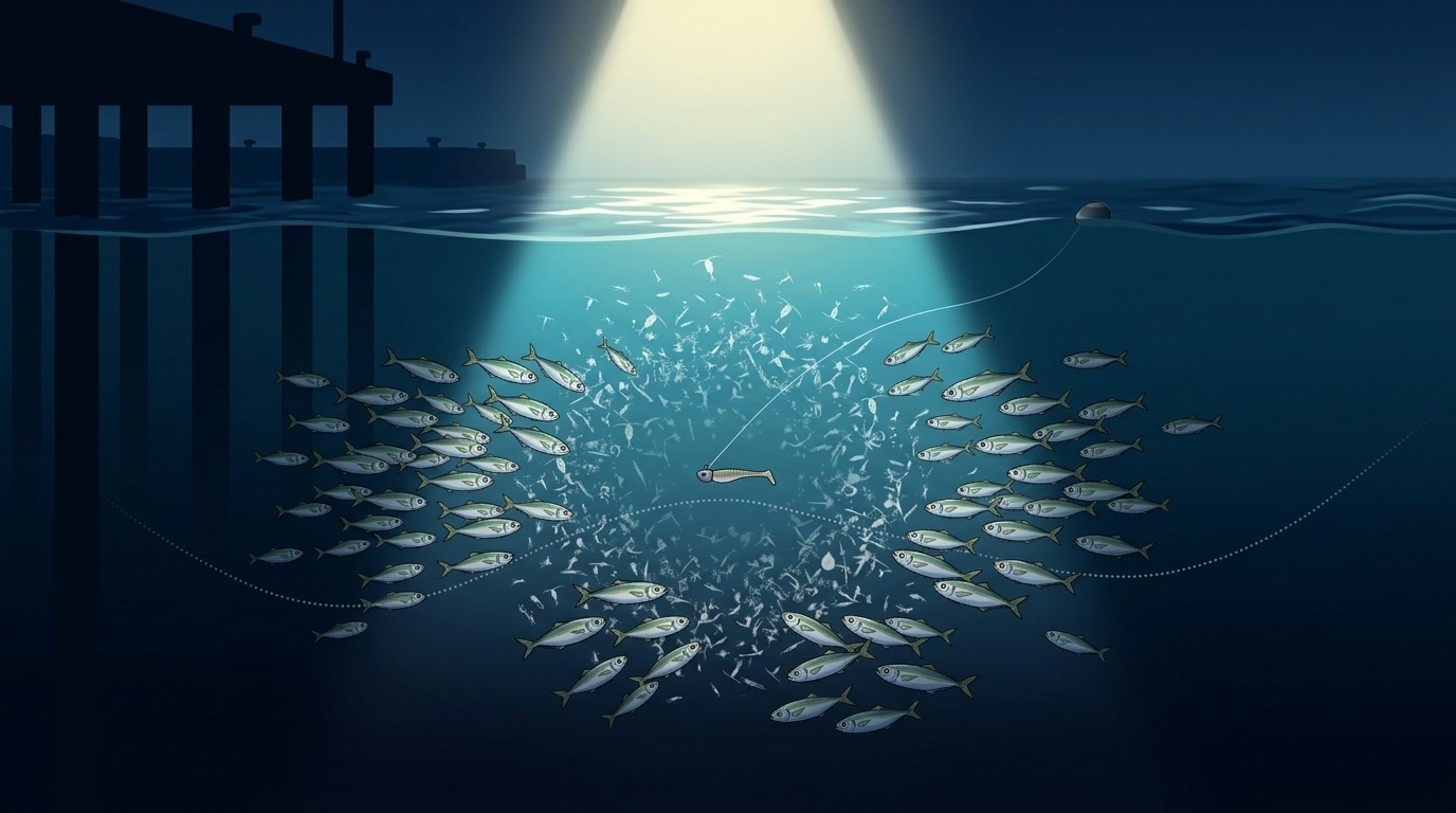 常夜灯周りの明暗部に集まるプランクトンと豆アジを狙うドリフト釣法のイメージ図